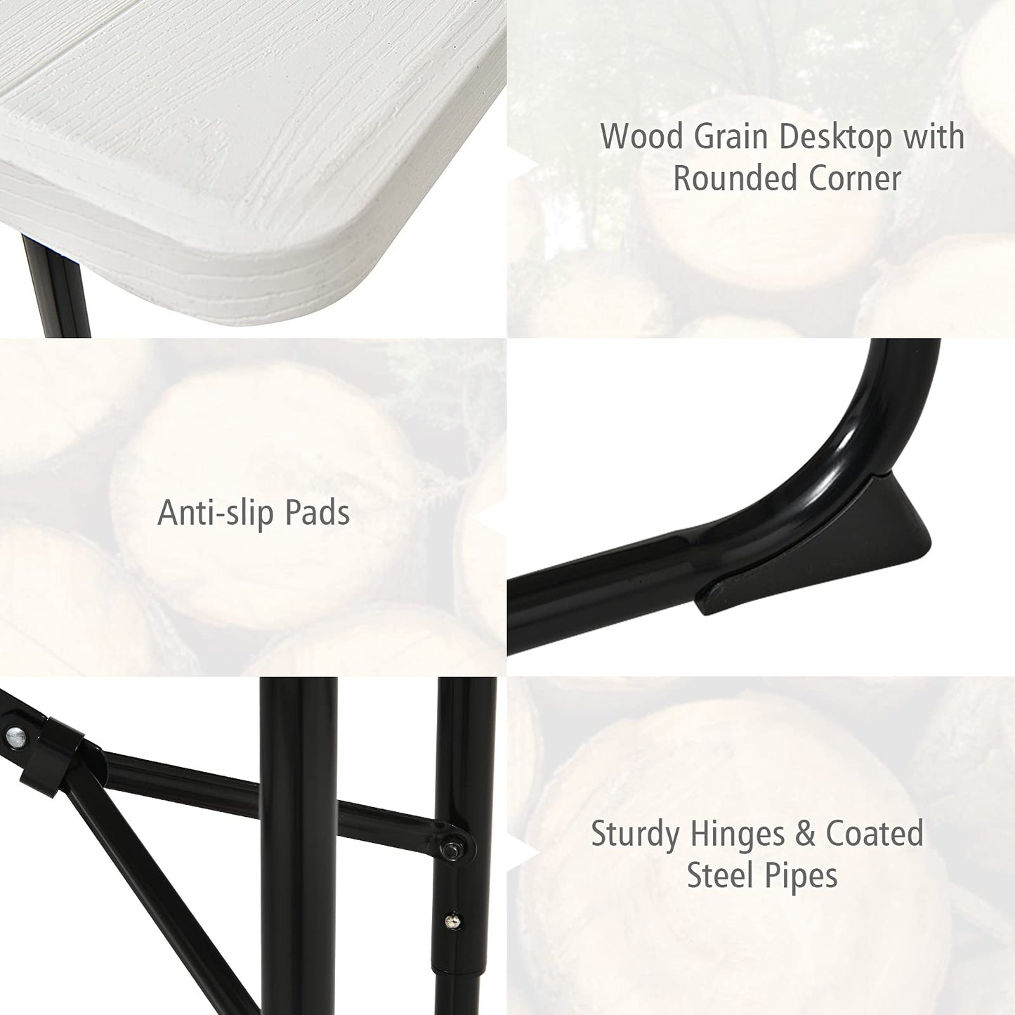 renatone Folding Picnic Table and Bench Set w/Wood Grain for Adults, Indoor & Outdoor Steel Frame Collapsible Camping Table for BBQ, Parties, Camping and Picnic (White)