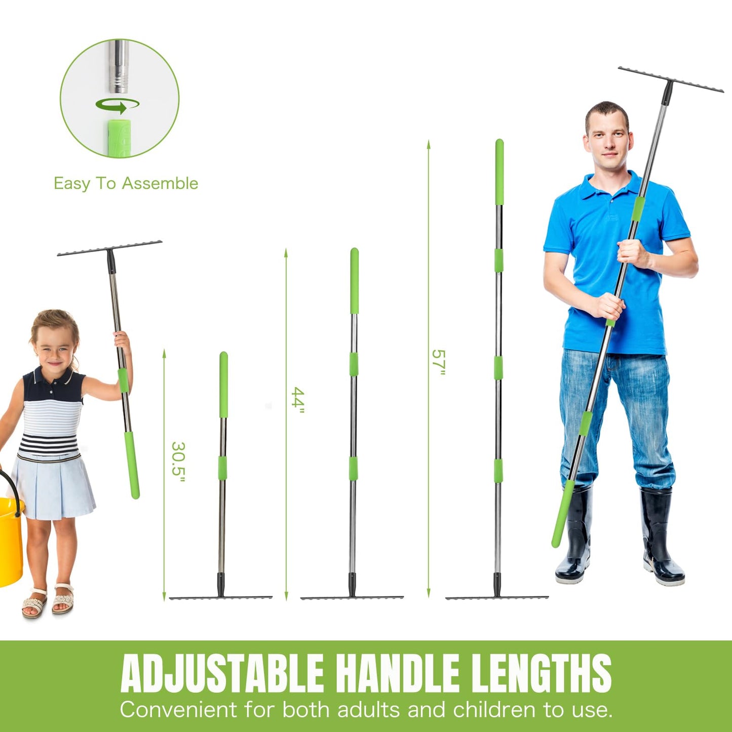 Joyhalo Rake for Leaves, 14 Tines Rakes for Gardening, Adjustable Length from 30.5 to 57 Inch Bow Rake, Metal Rakes for Gardening, Leveling, Loosening Soil