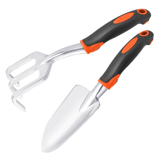 Garden Tool Set, 2 Pack Heavy Duty Gardening Tools Set Include Garden Shovel and Hand Rake Claw Tool with Ergonomic Handle, Small Gardening Hand Tools for Digging Weeding Planting Transplanting
