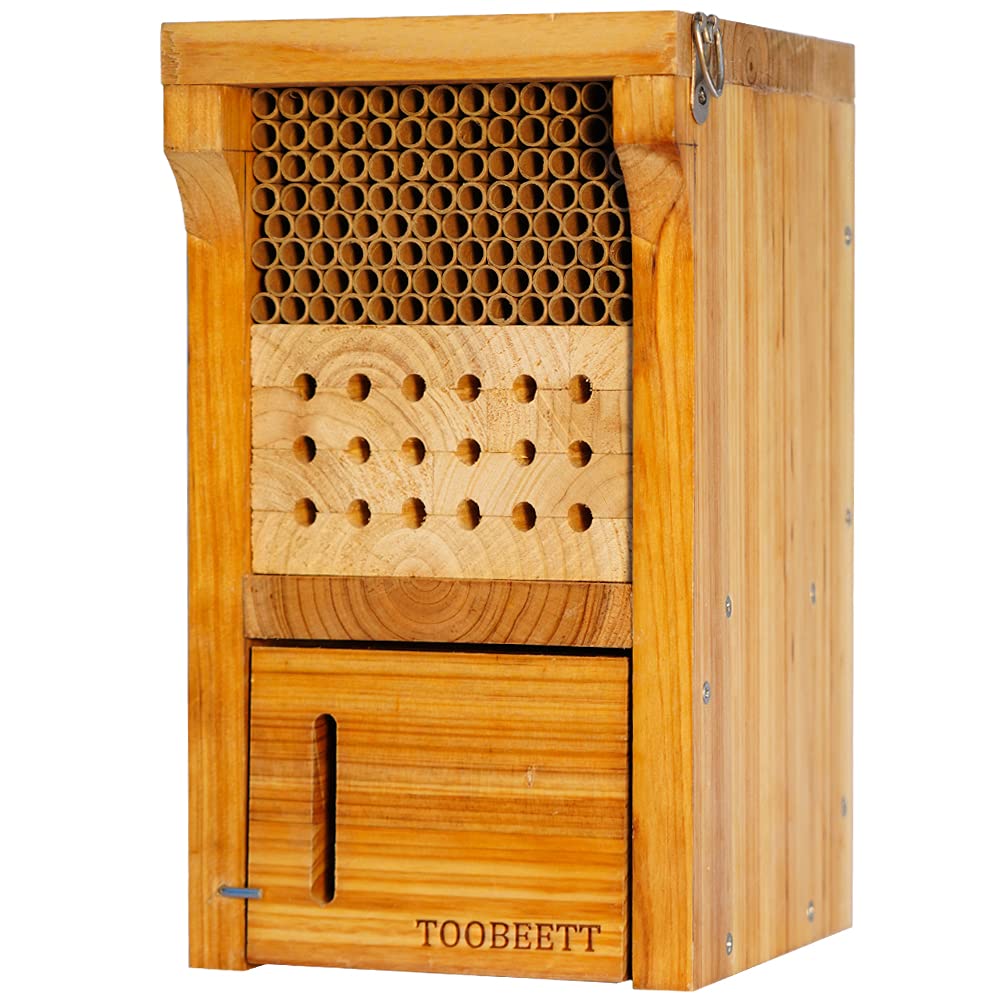 TOOBEETT Mason Bee House Wax Coated Mason Bee Hive Wooden Insect Hotel Carpenter Bee House for Outdoors Attracts Peaceful Bee Pollinators to Your Garden