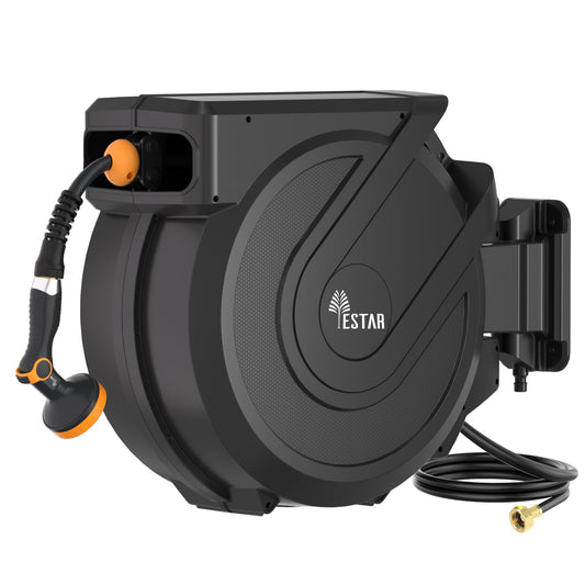 Retractable Garden Hose Reel 1/2 in x100 ft, Heavy Duty Wall Mounted Hose Reel with 10- Function Sprayer Nozzle, Any Length Lock/Automatic Slow Return System,180° Swivel Bracket
