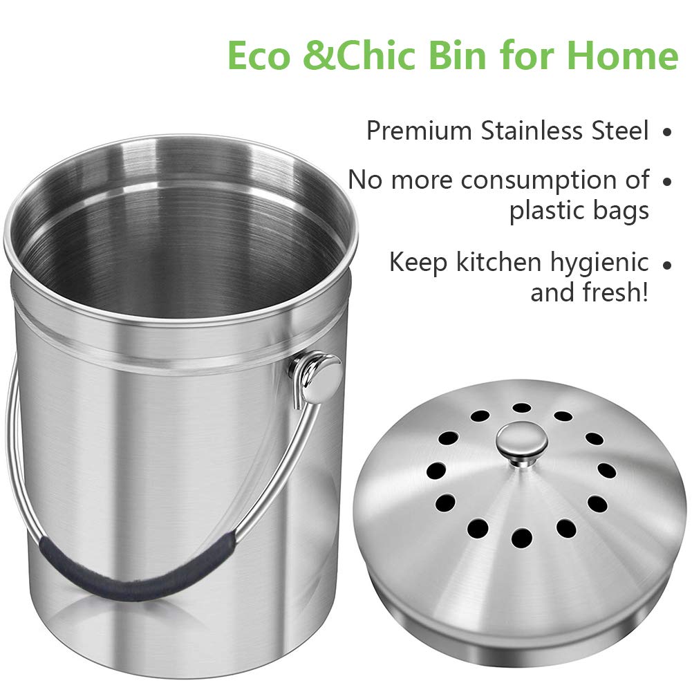 Abakoo 1.6 Gallon Compost Bin Indoor Countertop Kitchen Composter 304 Stainless Steel Waste Pail Kitchen Bin Pail - Includes 4 Filters