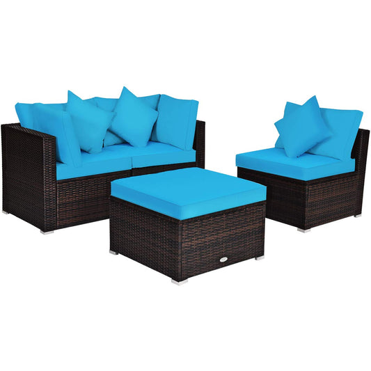 Tangkula 4 Pieces Patio Furniture Set, All Weather Outdoor Sectional Rattan Sofa Set w/Removable Cushions & Pillows, Wicker Conversation Set with Heavy-Duty Steel Frame for Backyard Garden Poolside