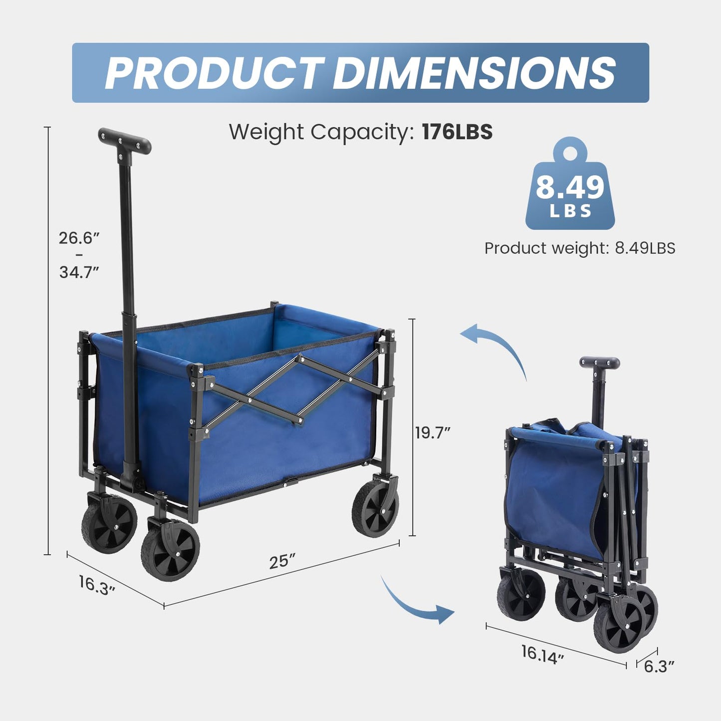 DUMOS Collapsible Wagon with Wheels, 176 lbs Wagons Carts Foldable Wagon Cart with Flexible Handle, Lightweight Portable Folding Utility Grocery Shopping Cart for Grocery Sports Garden Camping - Blue