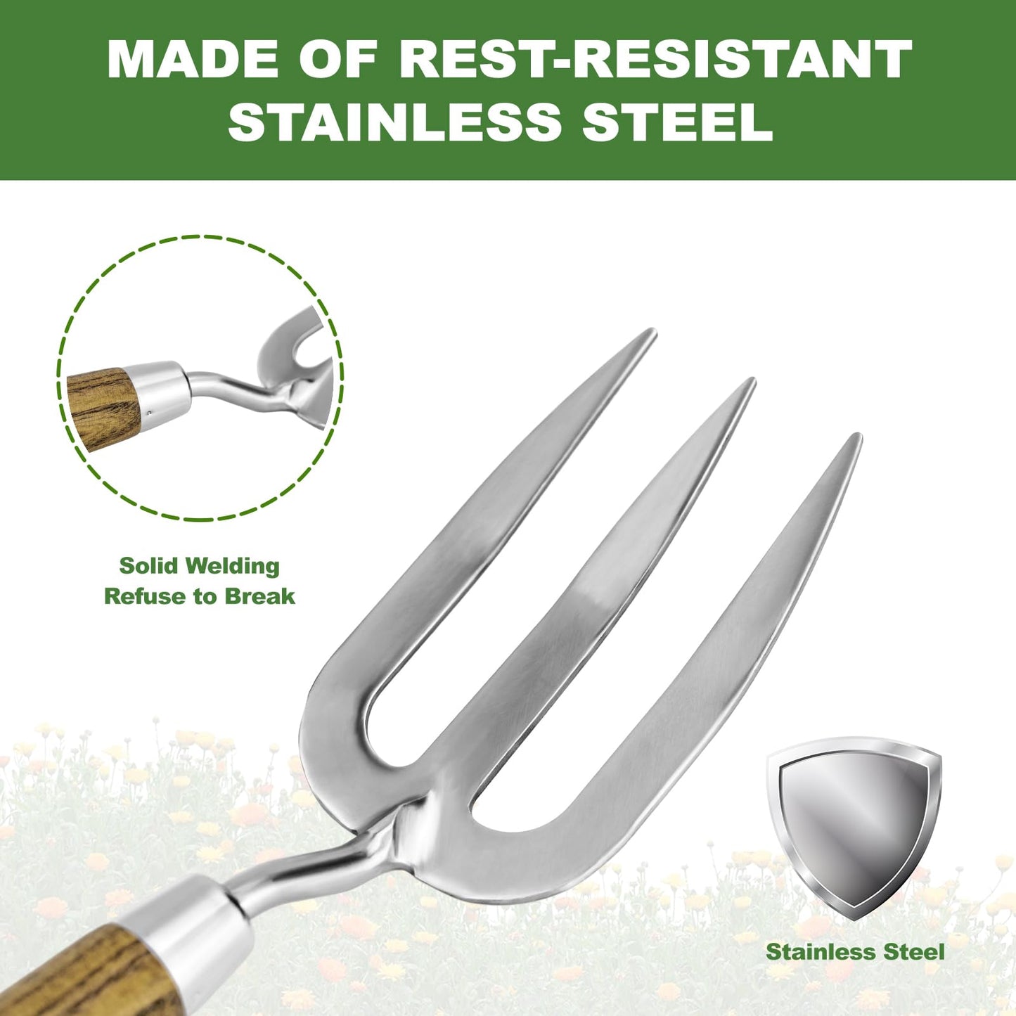 Garden Hand Fork, Hand Weeding Fork with Sharp Tine for Easy Uprooting Large Weeds, Stainless Steel Garden Fork, Comfortable Grip Wood Handle Hand Fork for Fast Weeding, Loosening Soil and Composting