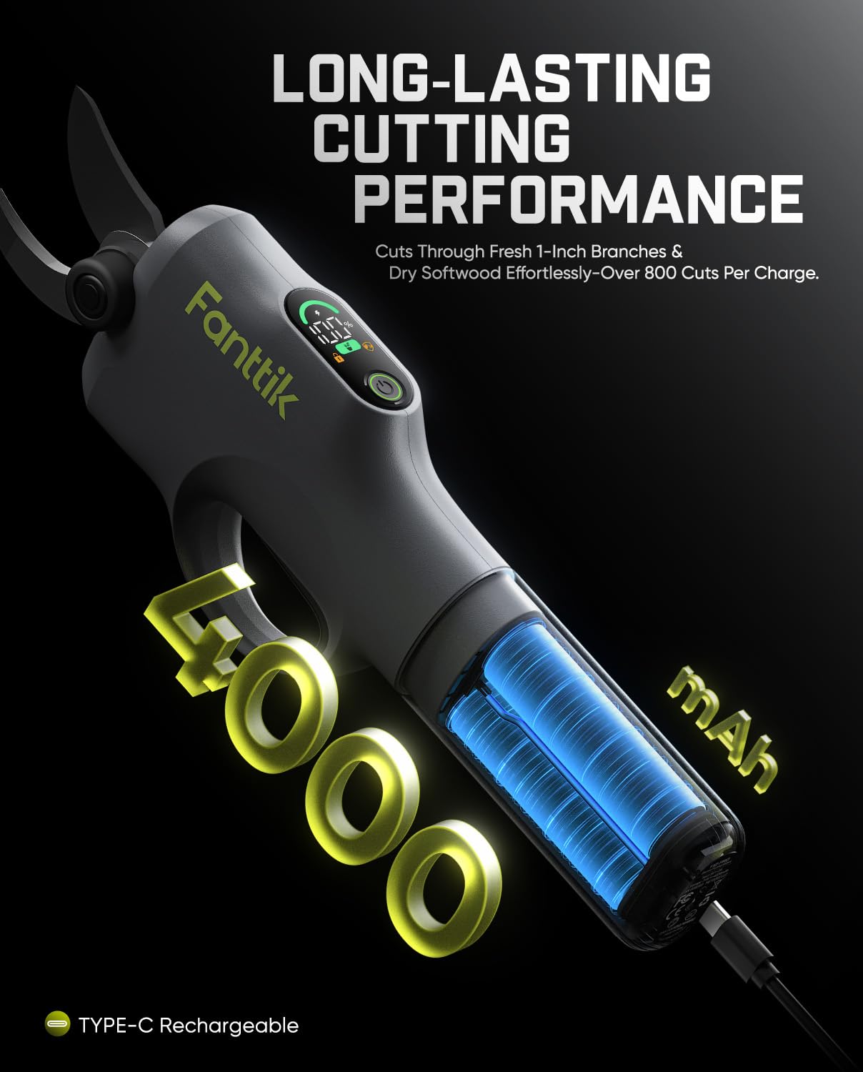Fanttik Y10 Pro Cordless Electric Pruning Shears with Brushless Motor, LED Display, 4-Level Safety System, USB-C Fast Charging, SK5 Steel Blade for Branch Trimming