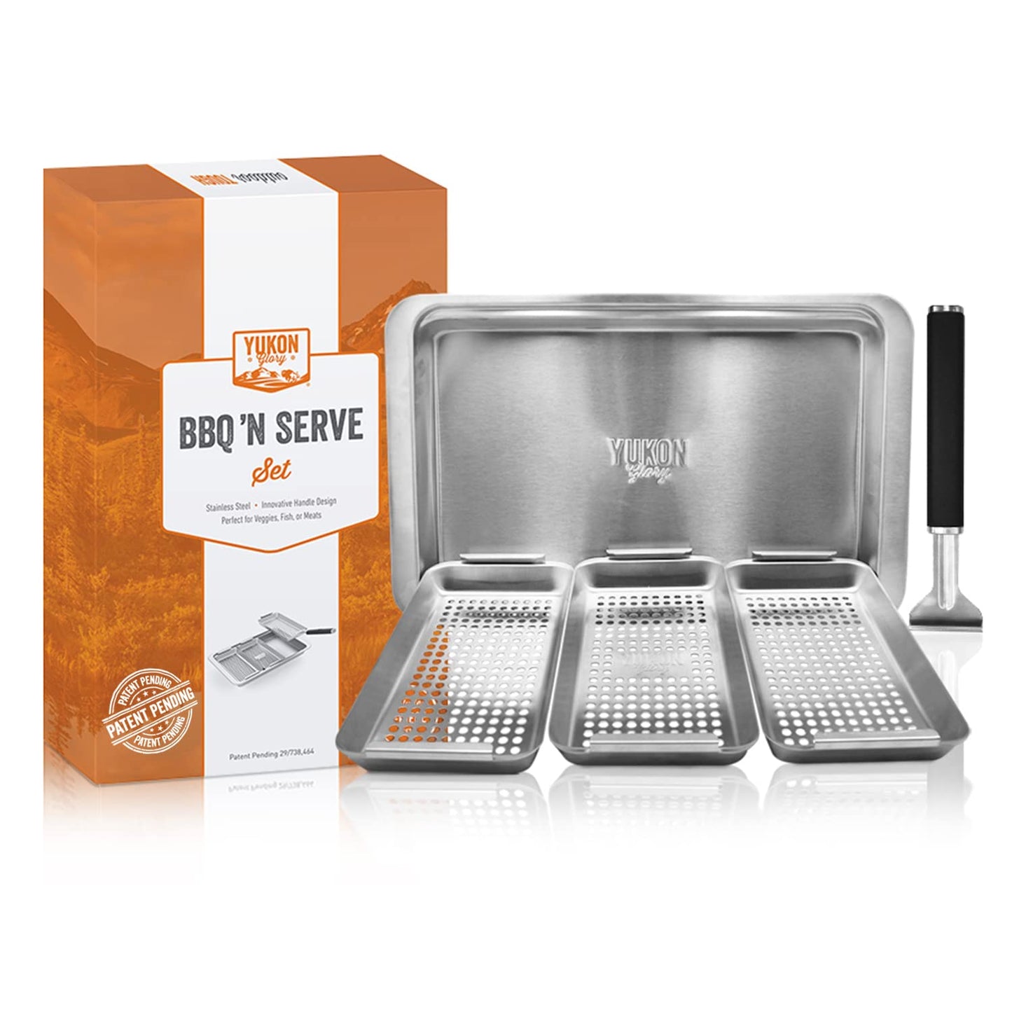 Yukon Glory BBQ Vegetable Grill Basket Set, Stainless Steel, 3 Baskets with Drip Tray & Removable Handle for Fish, Shrimp & Veggies