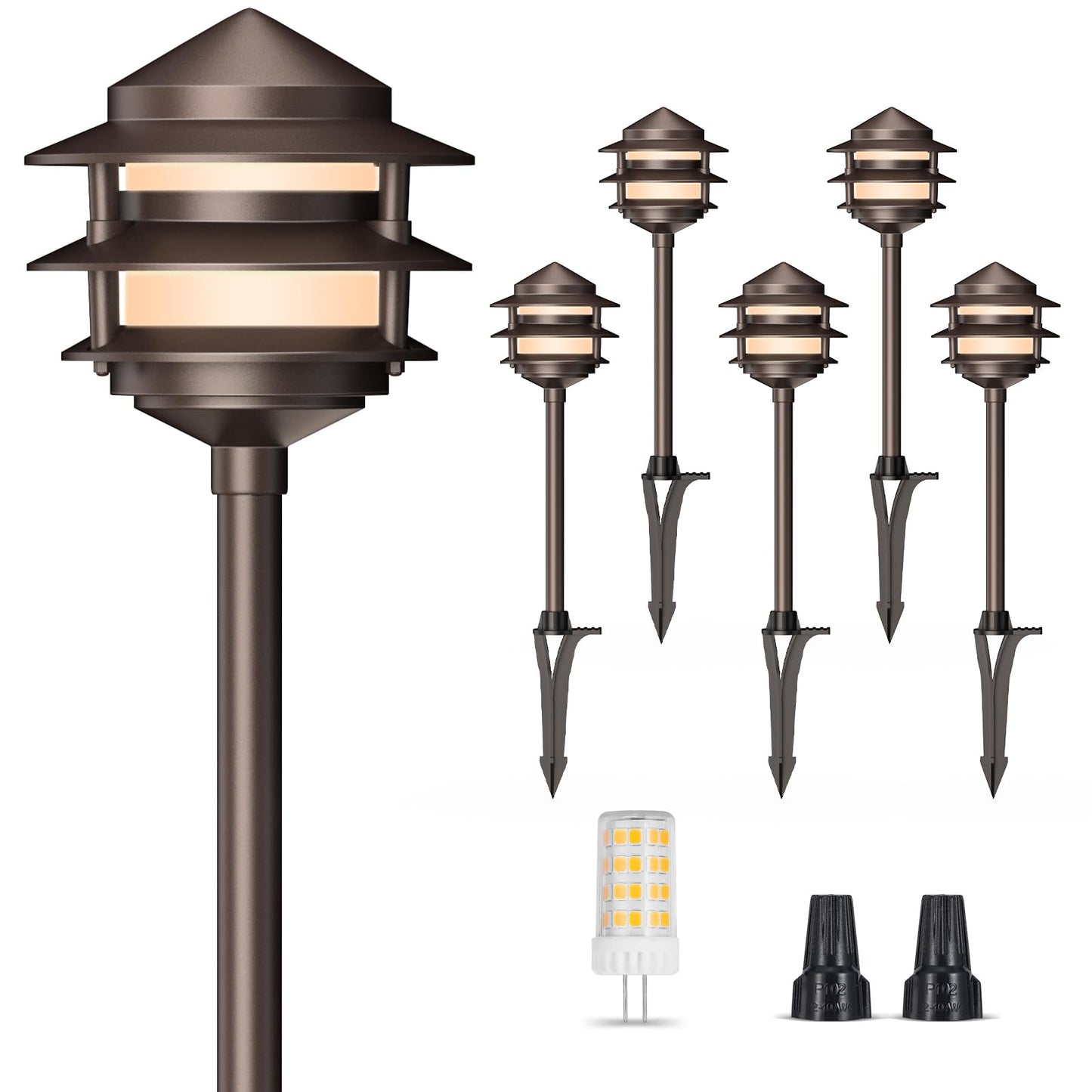 Gardencoin Pagoda Low Voltage Landscape Pathway Lights, 12V Outdoor LED Path Lights Wired, Aluminum Walkway Lighting with 4W 2700K Replaceable G4 Bulb, Bronze Classic 3-Tier Lantern, 6 Pack