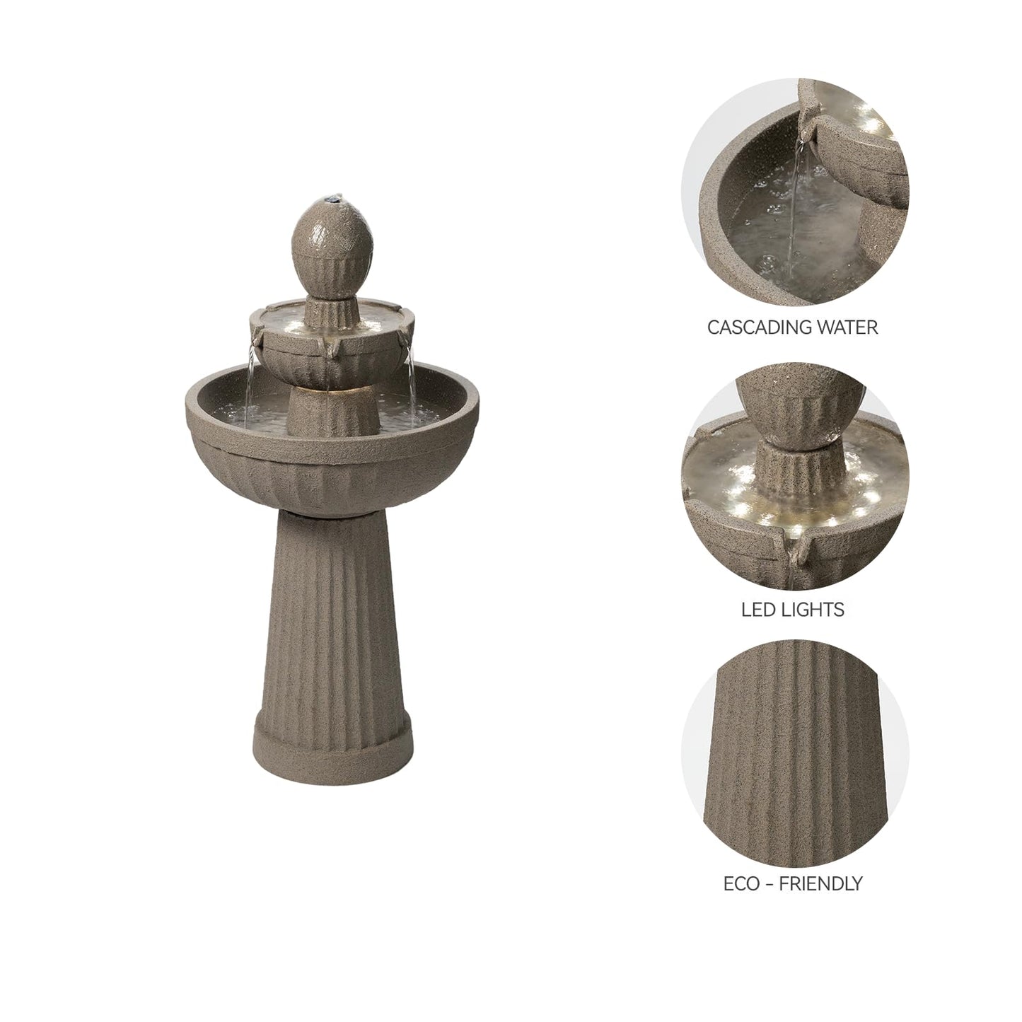 Puulye 37.80” H Outdoor Water Fountain Made with Eco-Friendly Recyclable Materials, Polyethylene Cascading Waterfall Water Fountain Outdoor, Garden Decor with LED Light for Patio, Backyard (Andesite)