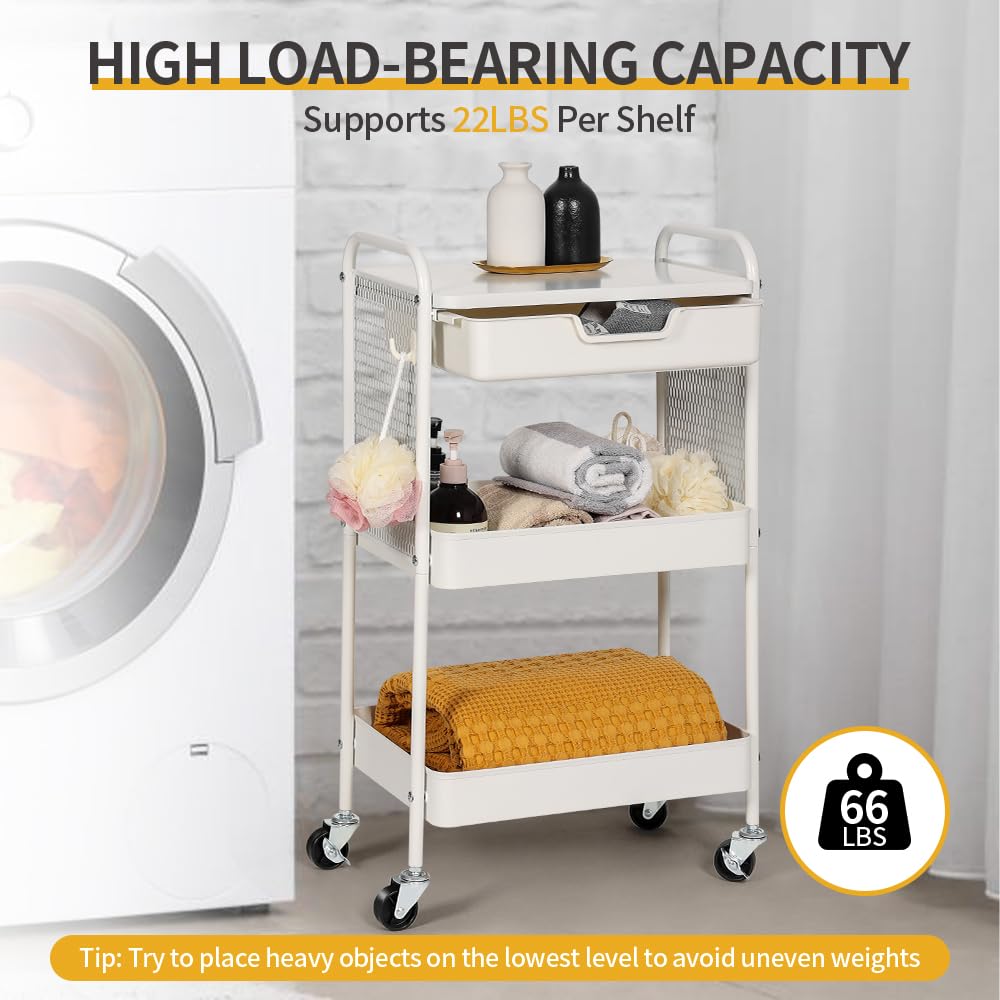 CRUDATE 3-Tier Rolling Cart with Drawer, Metal Utility Storage Cart Organizer with Lockable Wheels&Hanging Cups&Hooks, Mobile Storage Craft Carts Trolley with Mesh Shelves for Kitchen, Office-White