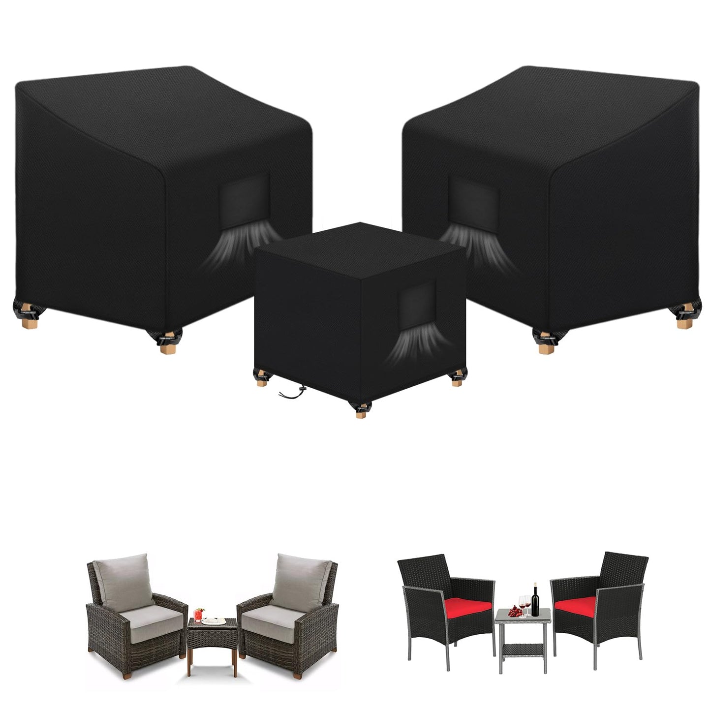 SIRUITON 3 Piece Outdoor Veranda Patio Garden Furniture Cover Set with 600D Durable and Water Resistant Fabric,Fit for Outdoor Wicker Patio Furniture Sets/Rattan Chair Conversation Sets-Balck