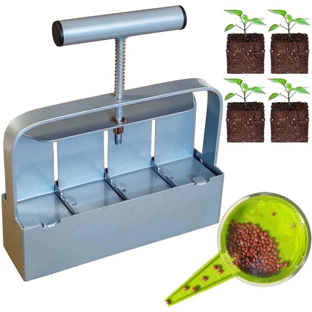 Handheld Soil Blocker Tool Kit - 4 Cell Heavy Duty 2 Inch Seed Starter Soil Block Maker for Seedlings, Cuttings, Greenhouses and Gardens (Ergonomic Design, Durable Metal Construction)