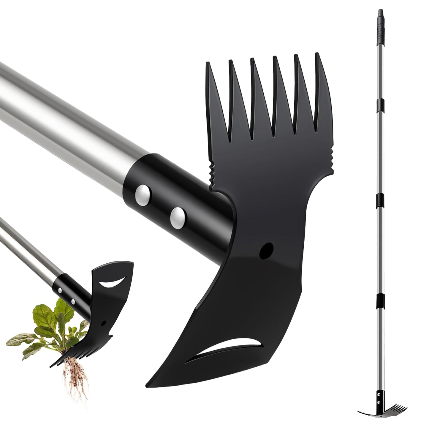 Mitclear Weed Puller Tool with Long Handle(58IN), 2-in-1 Gardening Hand Tools Weeds Remover, Weeder Rake & Garden Hoe Combo, Manual Weeding Puller Tool for Garden Yard Patio Lawn