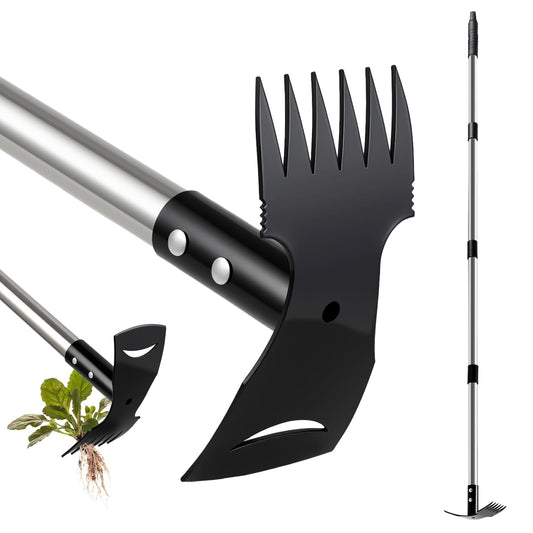 Mitclear Weed Puller Tool with Long Handle(58IN), 2-in-1 Gardening Hand Tools Weeds Remover, Weeder Rake & Garden Hoe Combo, Manual Weeding Puller Tool for Garden Yard Patio Lawn