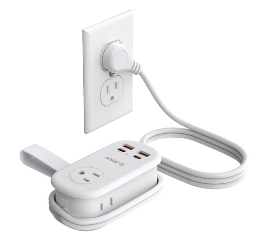 ORICO 65W GaN Travel Power Strip with 7-in-1 Charging Ports (3 AC Outlets/2 USB-A/2 USB-C), Flat Plug and 4FT Extension Cord, Fast Charger for MacBook Pro/Air, iPad Pro, iPhone 17/16/15- AP3