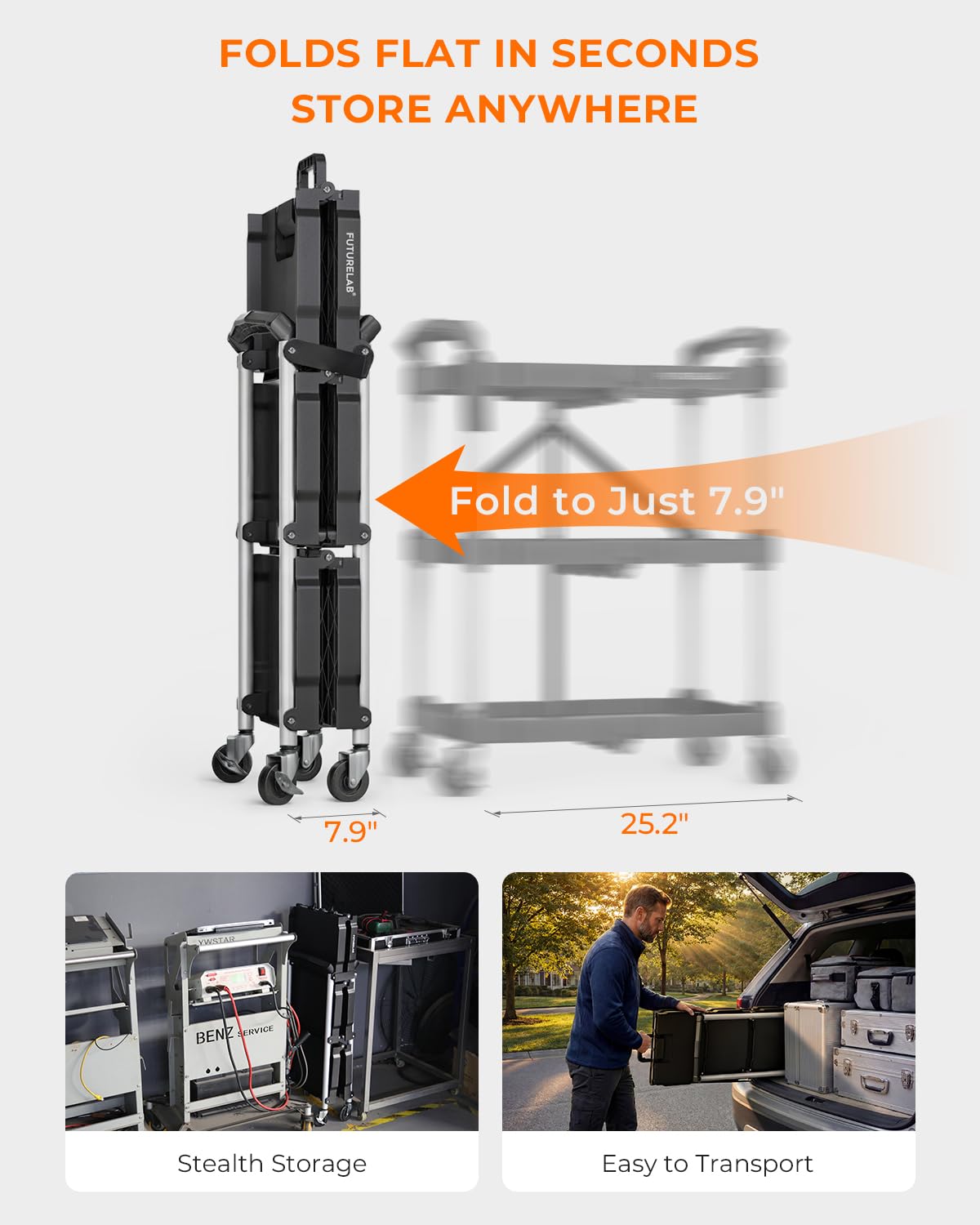FUTURELAB Portable Folding Service Cart - 3 Tier 330LBS Capacity - Rolling Utility Foldable Cart with Wheels for Warehouse Home Workshops Garages Restaurants Offices