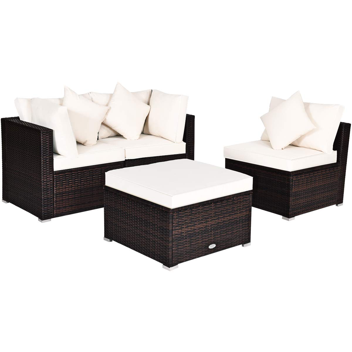 Tangkula 4 PCS Patio Rattan Sofa Set, Outdoor Wicker Sectional Furniture Set, Patio Conversation Set with Removable Cushions & Pillows for Backyard Porch Garden Poolside Balcony (White)