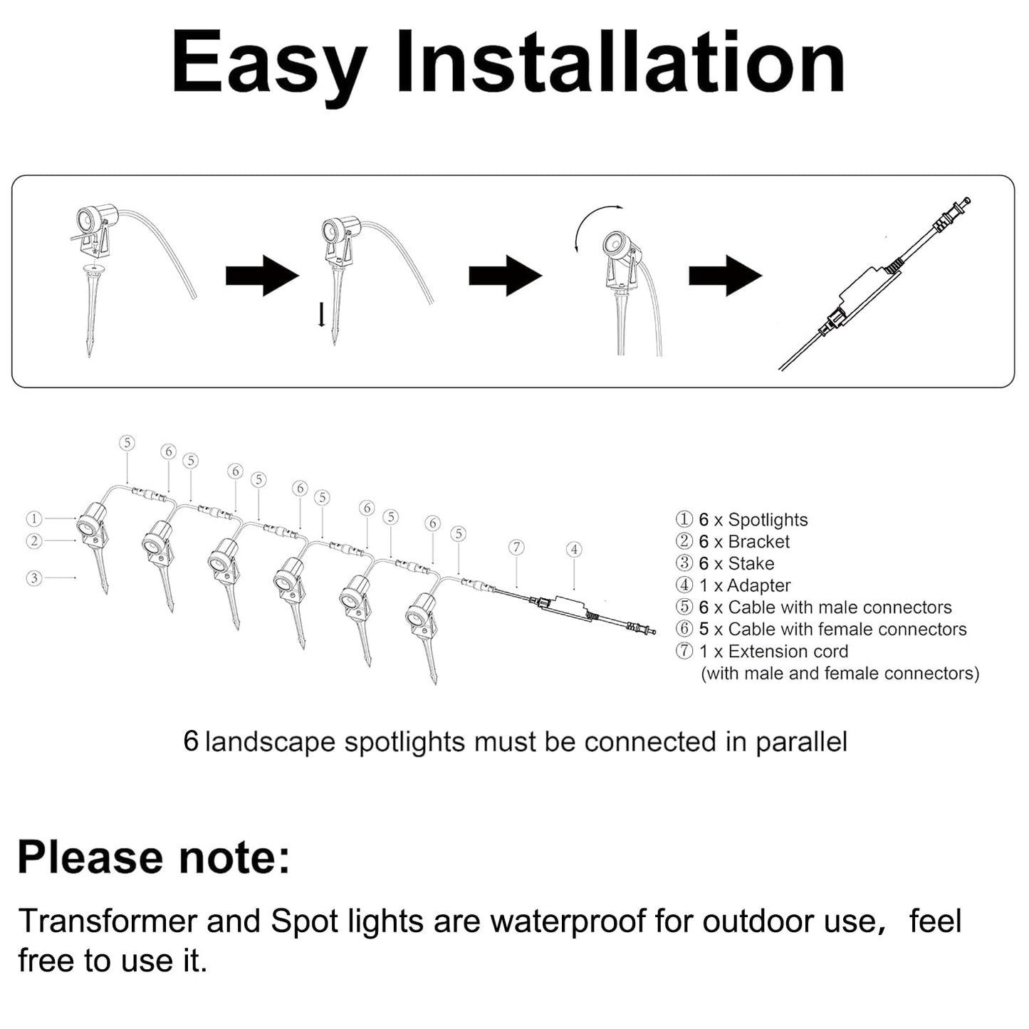 SUNTHIN Outdoor Landscape Lighting, 6 Pack Outdoor Spot Lights with Transformer for Yard, Plant, Lawn, Tree, Flags, House, Garden, Fence Use, IP65 Waterproof & Connectable