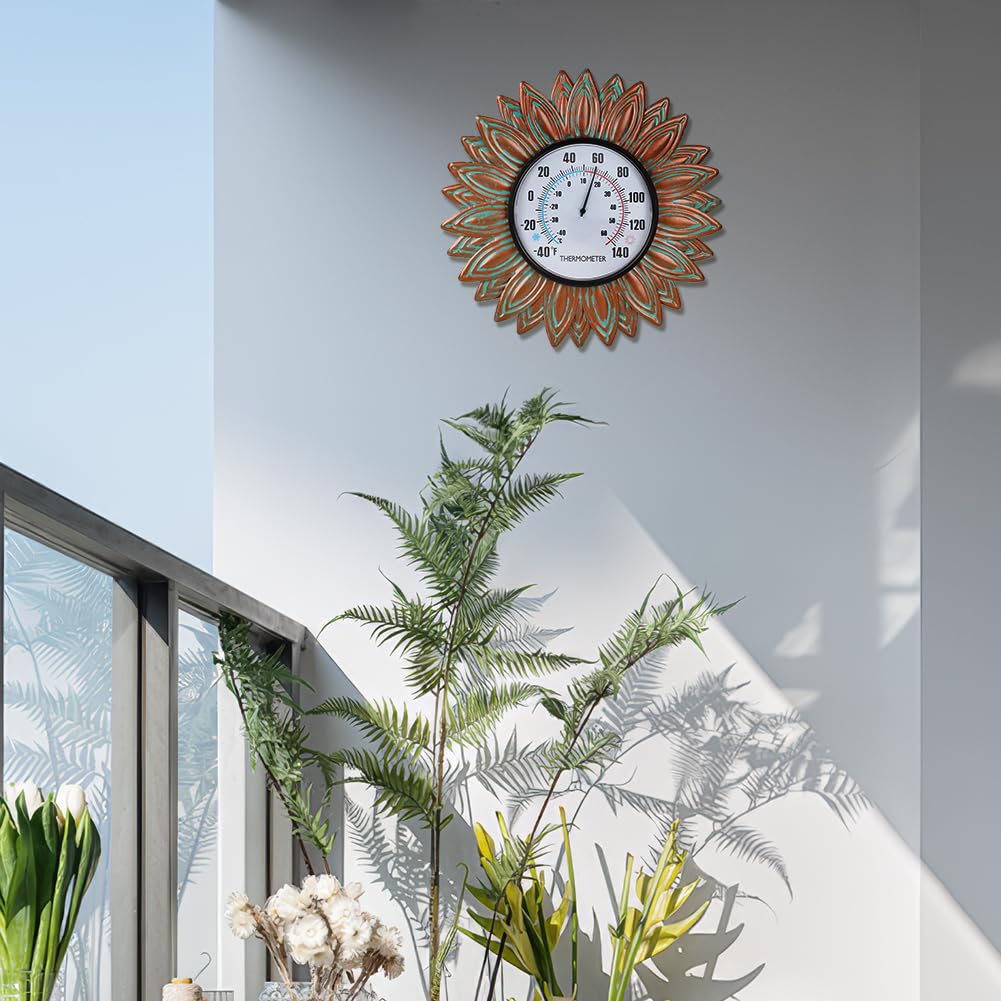 VEWOGIFT Sunflower Outdoor Thermometers, No Need Battery Indoor Themometer, 12" Metal Wall Thermometer with Large Number Easy to Read for Patio Room Decor