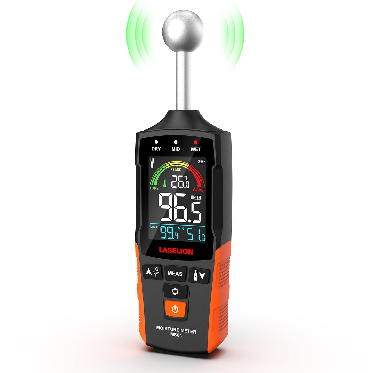 LASELION MS04 Pinless Moisture Meter with Ball Probe for Non-Destructive Area Scans Ideal for Wood Walls and Construction Materials Customizable Humidity Alarms Built-in Flashlight