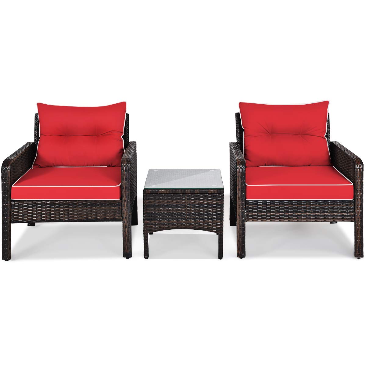 Tangkula 3 Piece Outdoor Patio Furniture Set, Wicker Chairs Set with Glass Top Coffee Table, Thick Cushions, All Weather Garden Lawn Poolside Backyard Porch Furniture Set for 2 (Red)