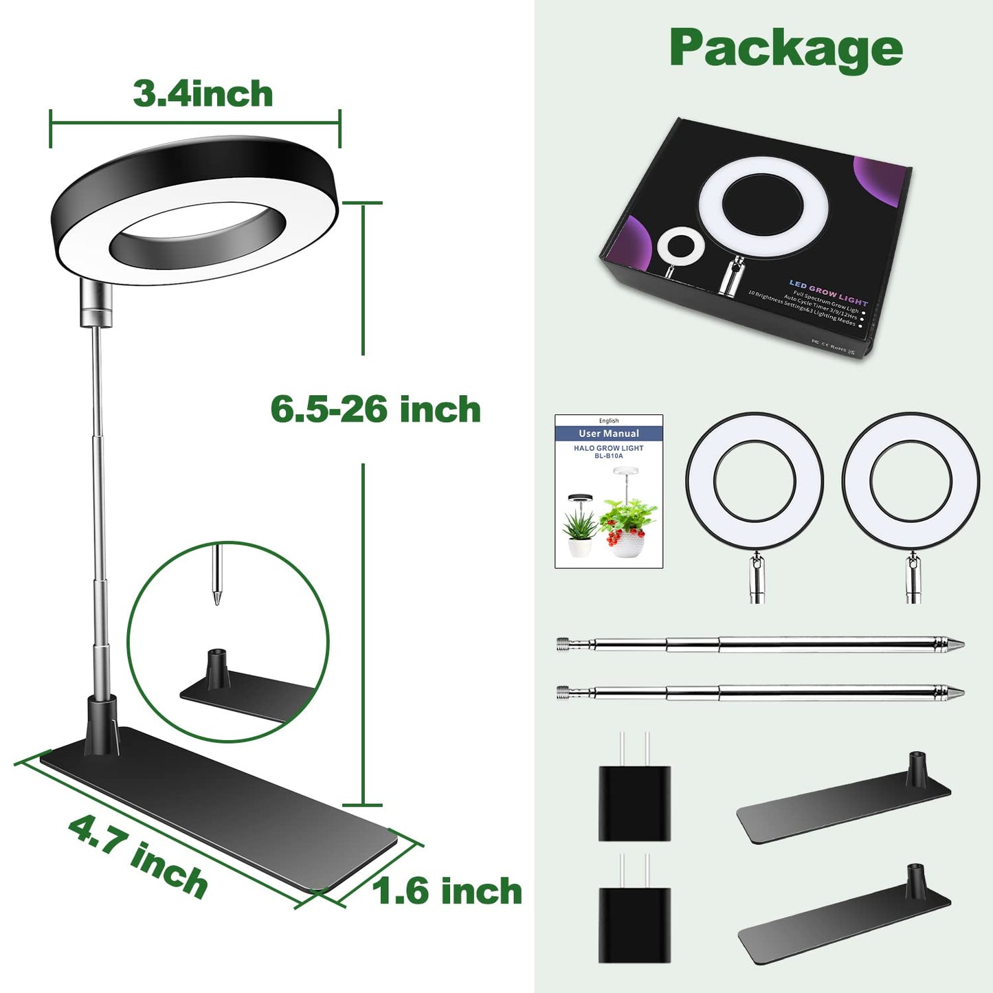 Aokrean Grow Lights for Indoor Plants, 48 LEDs Full Spectrum Plant Light for Indoor Plants, Height Adjustable Growing Lamp with Base, 3 Optional Spectrums, Auto Timer 3/9/12Hrs, 10 Brightness, 2 Pack