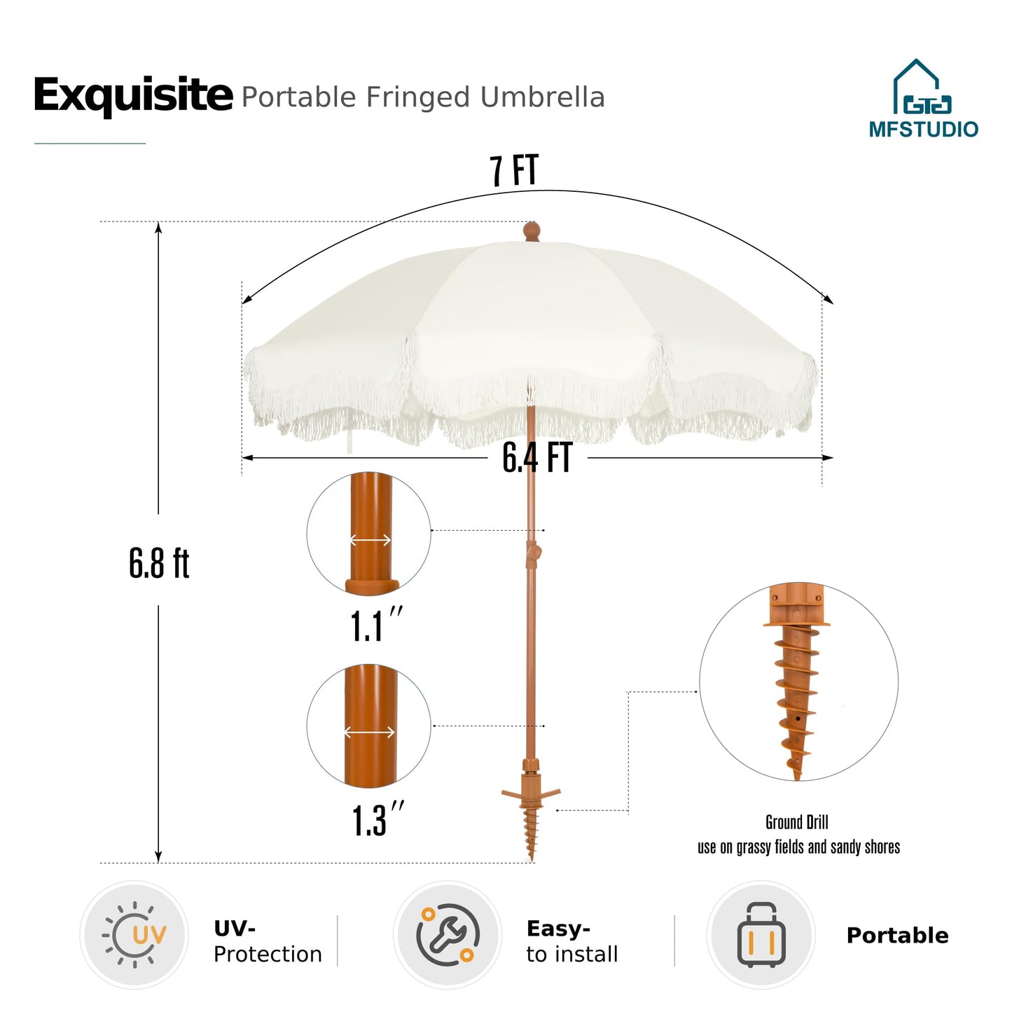 MFSTUDIO 7ft Patio Beach Umbrella with Fringe, Tassel Umbrellas UPF50+ with Sand Anchor & Tilt Button, Holiday Outdoor Umbrella with Carry Bag, Ideal for Garden Lawn Poolside, Ivory
