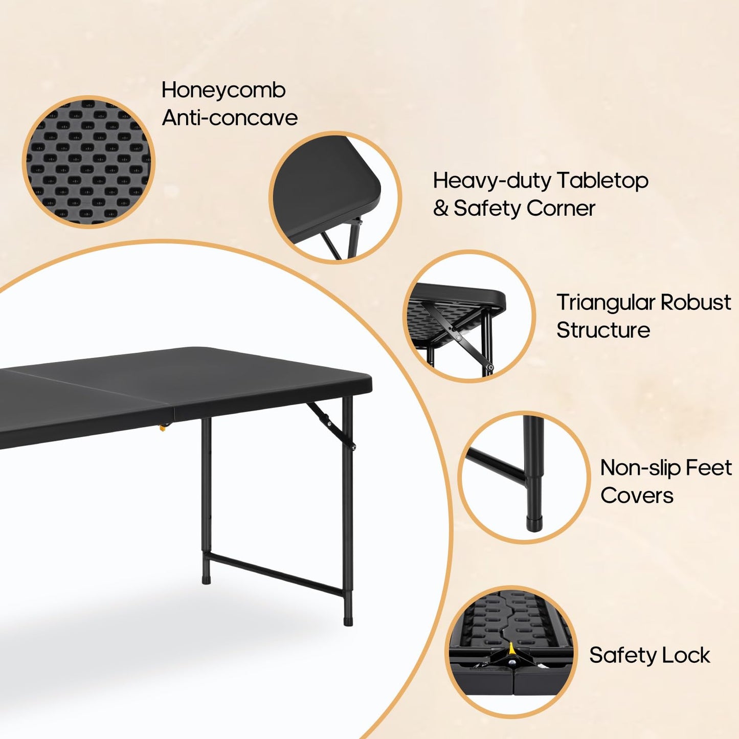 GlowitLian 4ft Folding Table with Adjustable Height, 3-Level Foldable Table with HDPE Top & Steel Legs, Portable 4 Foot Folding Table for Picnic, Party, Craft, Indoor Outdoor Use, Black