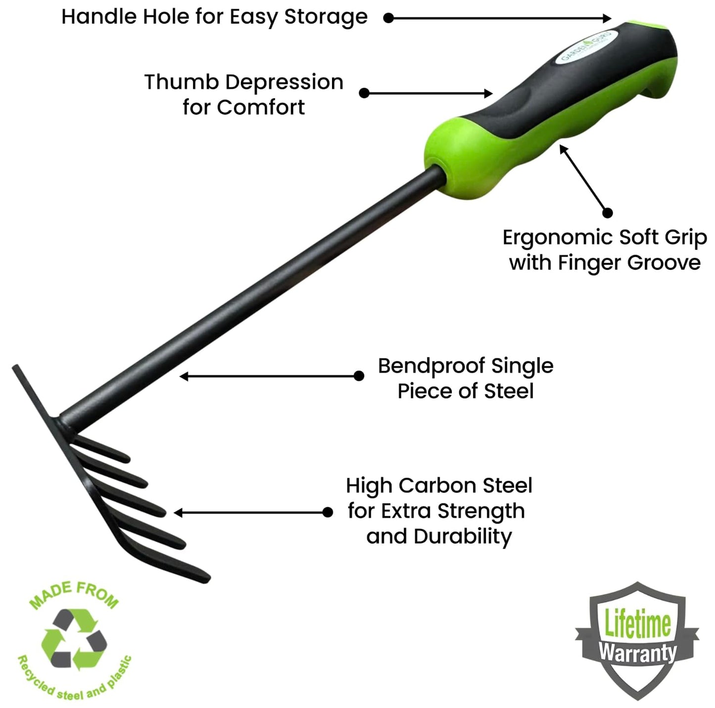 Garden Guru Hand Rake Cultivator Tiller Tool – Strong Carbon Steel for Ultimate Strength - Rust Resistant – Ergonomic Handle – Great for Gardening Cultivating Loosening Weeding Mulching Soil Prep