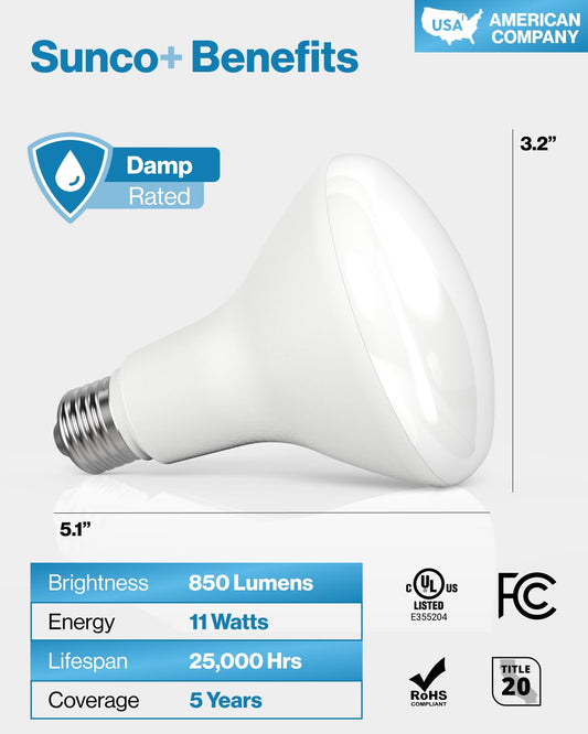 Sunco 6 Pack BR30 Light Bulb LED Recessed Can Light Bulbs, Indoor Flood Light Bulb 850 LM, 11W (65W Equivalent), 3000K Warm White, Dimmable, E26 Base, for Home, Kitchen, Bedroom UL