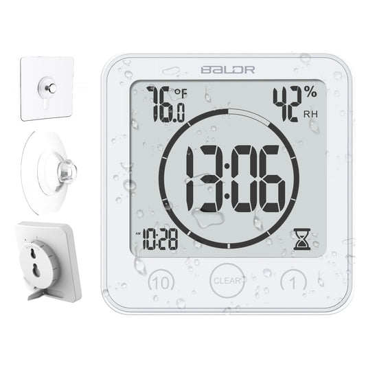 Baldr Shower Clock Waterproof Bathroom Clock with Timer/Temperature/Humidity, Digital Timers for Kids and Adults, Bath Kitchen Study, White