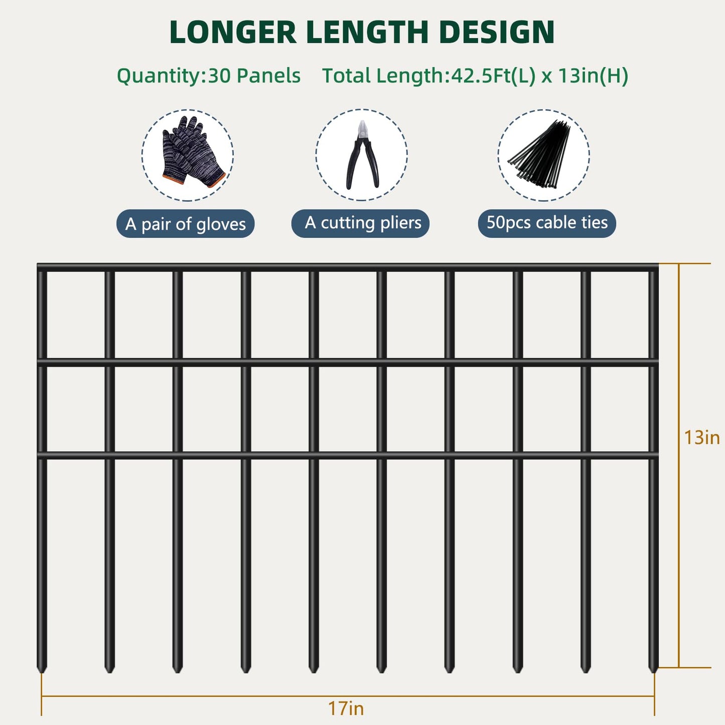 42.5ft(L) x 13in(H) Animal Barrier Fence, 30 Panels No Dig Garden Fence for Dog Rabbit, Rustproof Anti Digging Barrier, Garden Edging Border Ground Defense for Outdoor, Yard, Patio