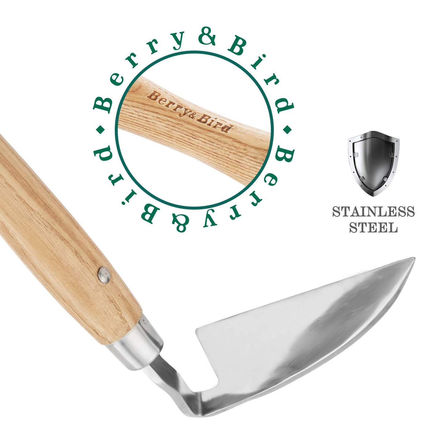 Berry&Bird Stainless Steel Bent Angle Gardening Sickle, Weed Scraper-Hoe with Ergonomic Ash Wood Handle, 12.67-Inch Blade for Weeding & Soil Loosening