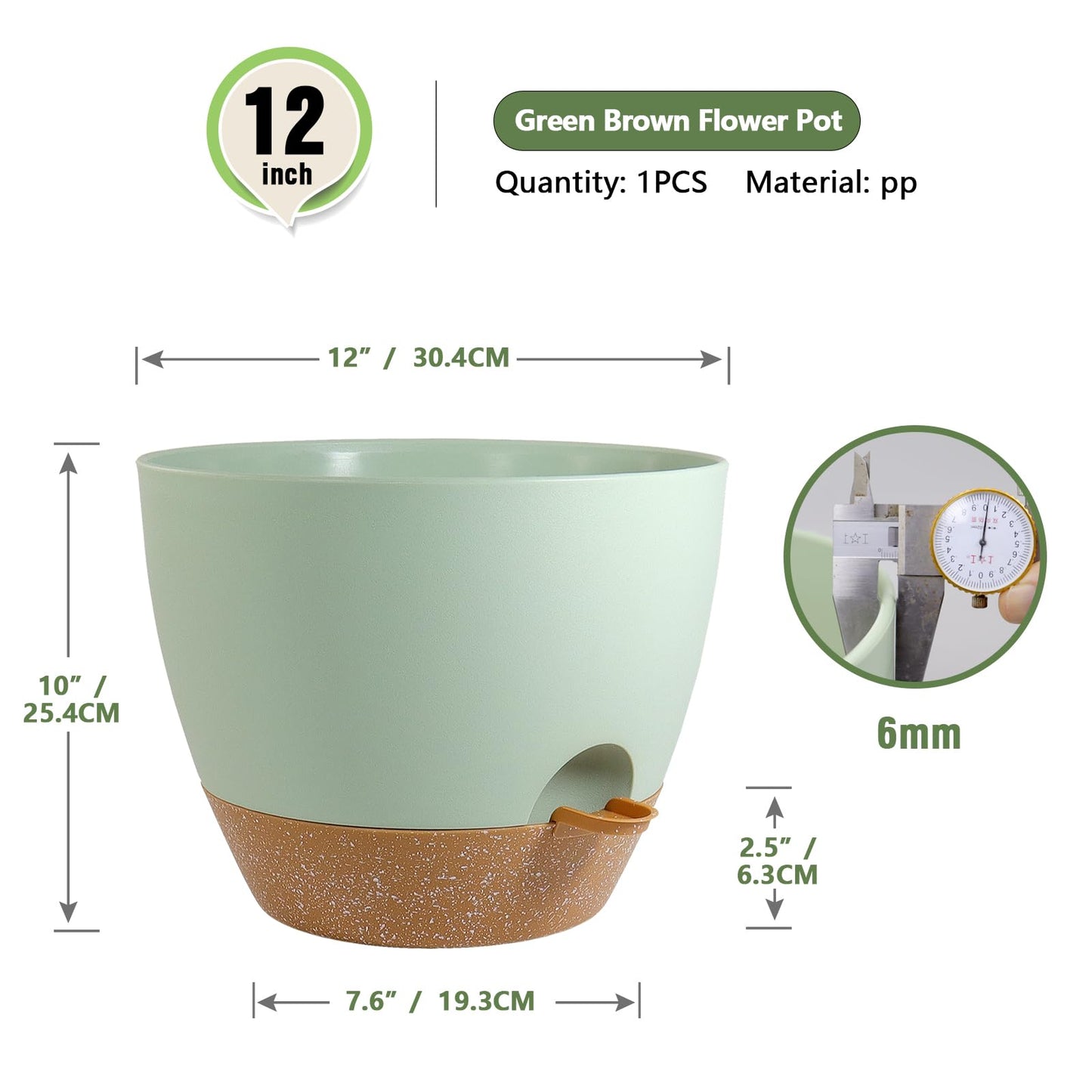Meowell 12 inch Large Self Watering Pots, Plant Pots with Mesh Drainage Holes for Indoor Outdoor Plants, Plastic Planters with Deep Reservoir for Garden House Flower Plants, Green with Brown