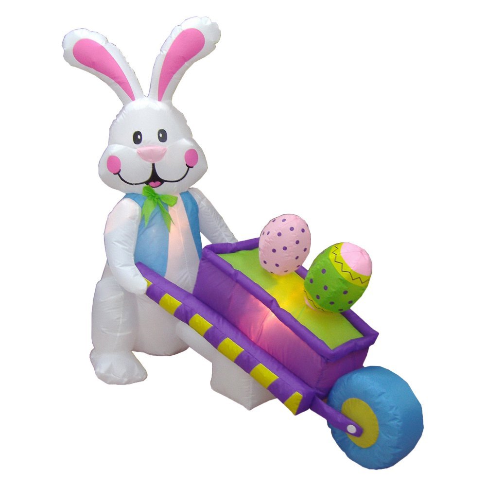 4 Foot Tall Easter Inflatable Happy Bunny Rabbit Pushing Wheelbarrow with Two Eggs Pre-Lit LED Lights Outdoor Indoor Holiday Blow up Lighted Yard Lawn Home Family Outside Decor Party Decoration