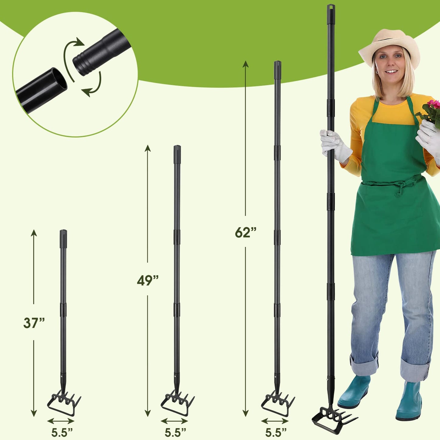 Garden Hoe, 4 Tines Hand Weeding Hoe Garden Tool and Cultivator Long Handle 62", Action Stirrup Scuffle Field Digging Hoe Heavy Duty for Lawn Gardening Weed