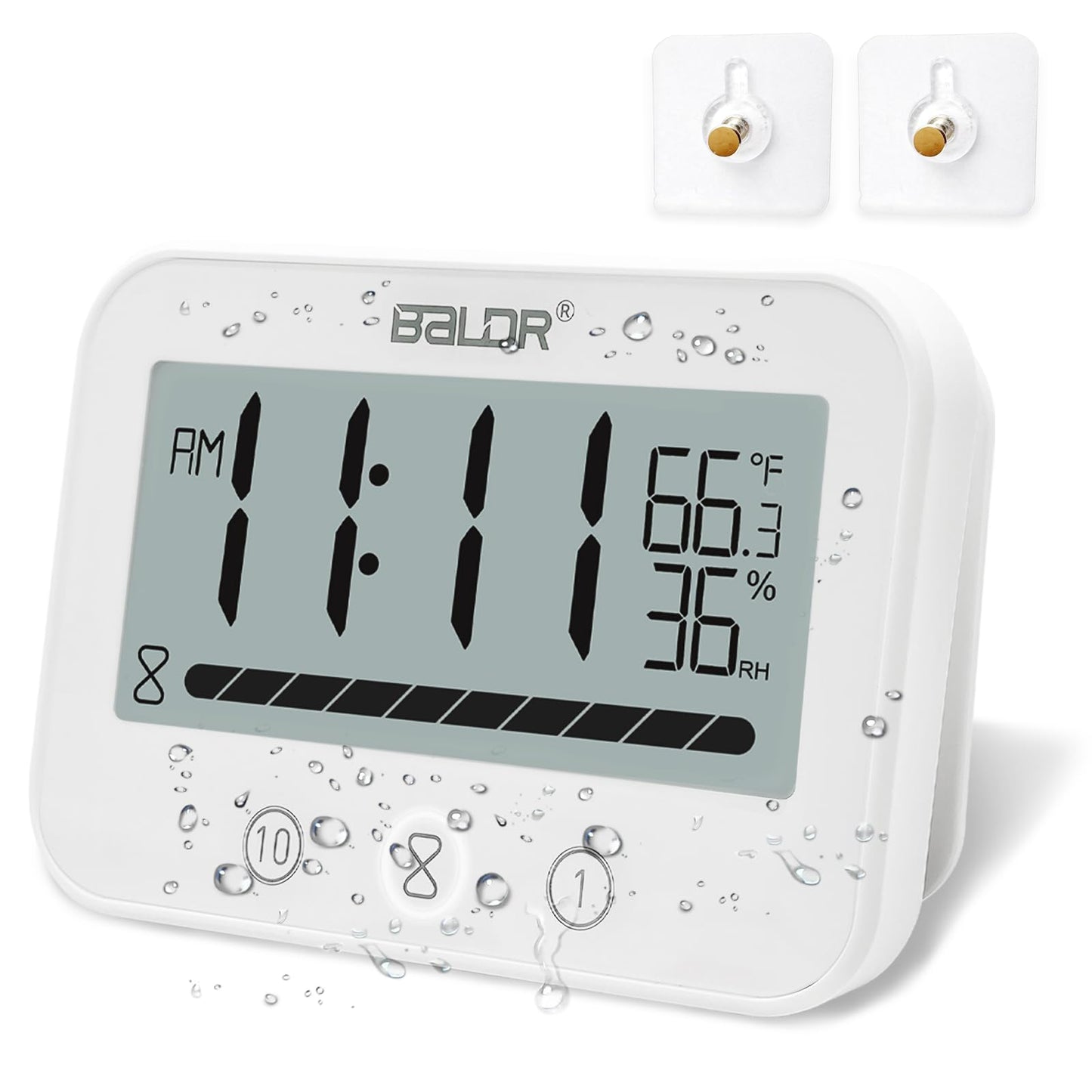 Rohome Waterproof Wall Hanging Timer Bathroom Clock, Large Digital Shower Mirror Suction Clock Thermometer Hygrometer, Visual Kitchen Cooking Countdown Timer, Bath Temperature Humidity Meter (White)