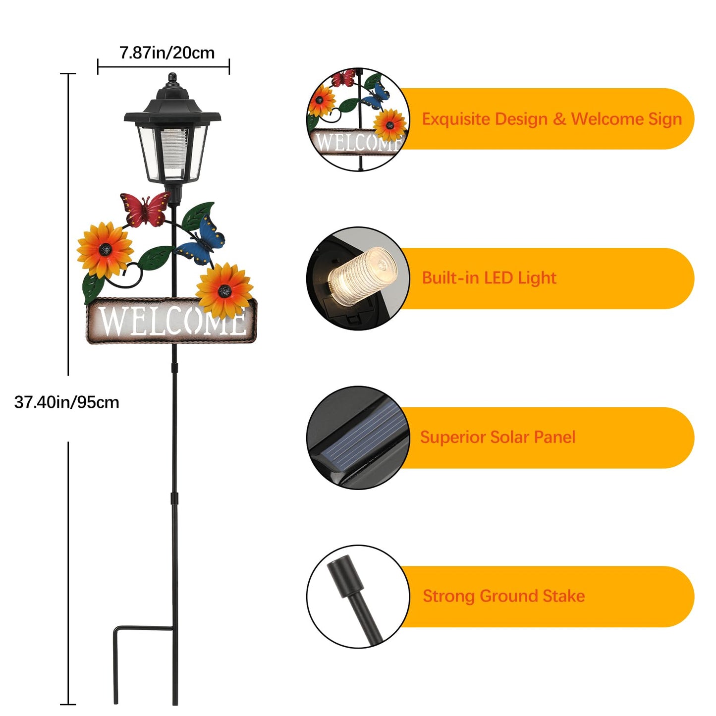 Lewondr Solar Garden Lights Butterfly, 37.4 Inch Solar Lamp Post Light with Welcome Sign & Butterflies, Outdoor Waterproof Solar Stake Lights for Yard Porch Patio Pathway Gardening Gifts, 2 Pack