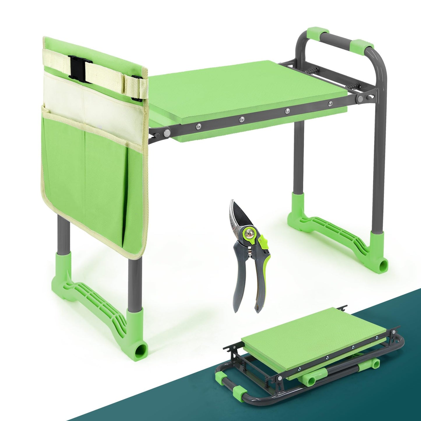 Byhagern Foldable Garden Kneeler and Seat – 2-in-1 Gardening Stool with a Tool Storage Pouch, Lightweight and Portable for Elderly, Outdoor, Lawn Care (Green)
