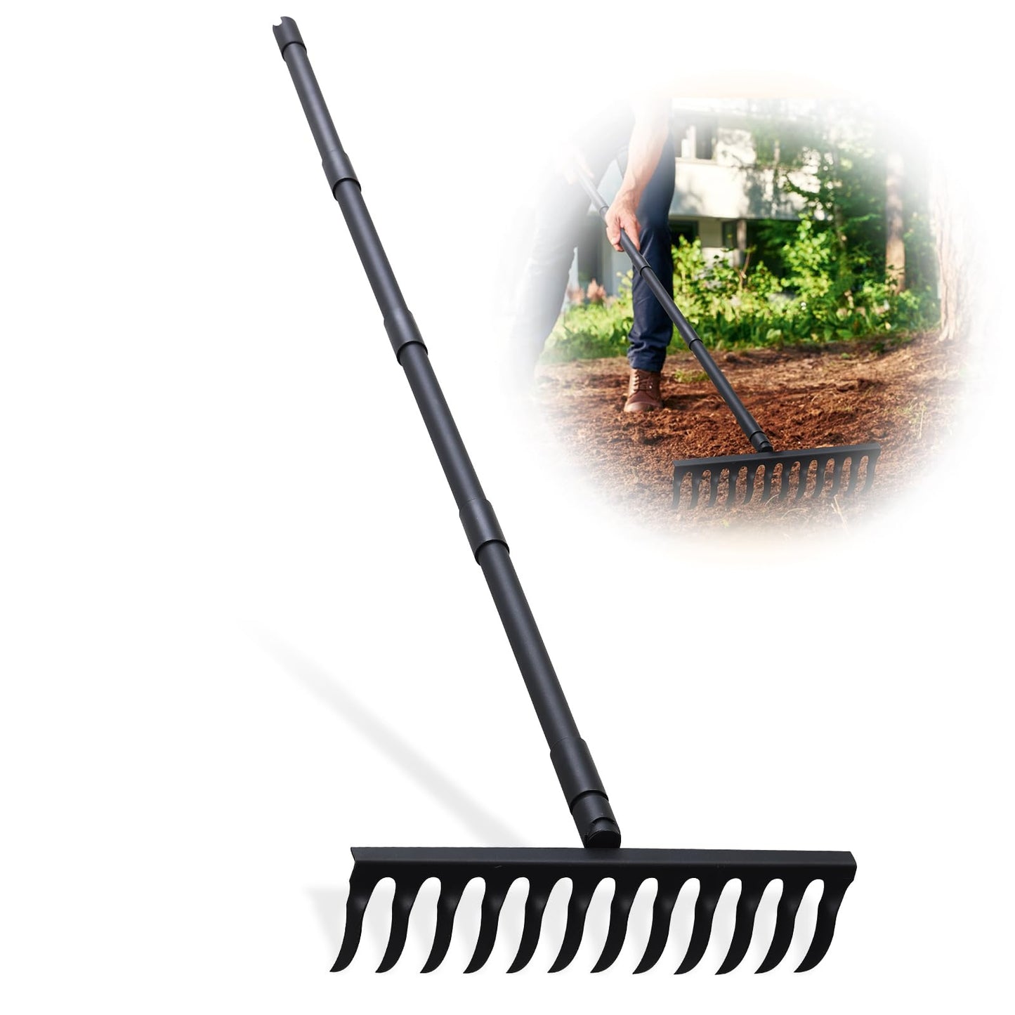 Pragmatist Bow Rake Heavy Duty 60" Metal Head Garden Rake with Adjustable Stainless Steel Handle Garden Tool for Loosening Soil Leveling Mulch Gathering Leaf