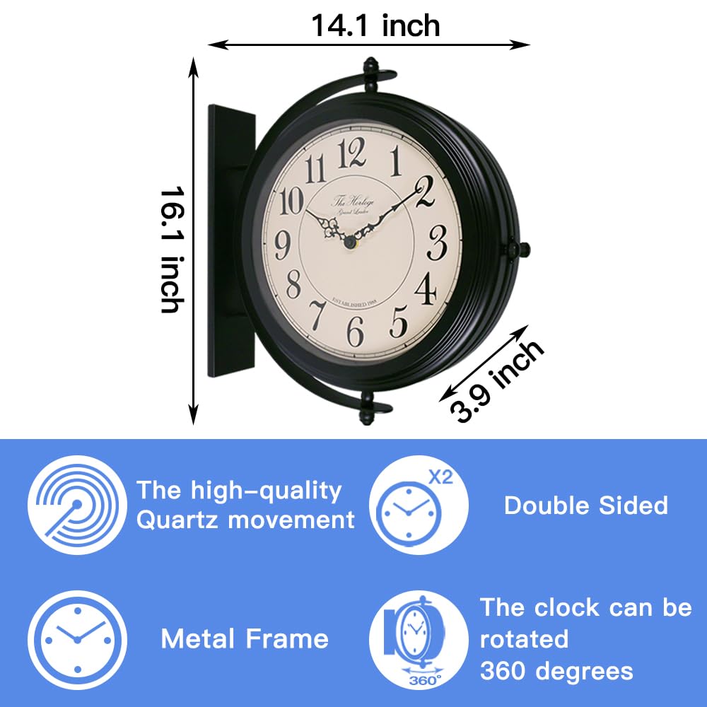 BESTIME 66264B 16-Inch Double Sided Metal Wall Clock with Black Frame.Sturdy Frame,Easy Read,Garden,Home Décor,Indoor,Outdoor,Farmhouse,Yard,Station,Office,Photography Props.