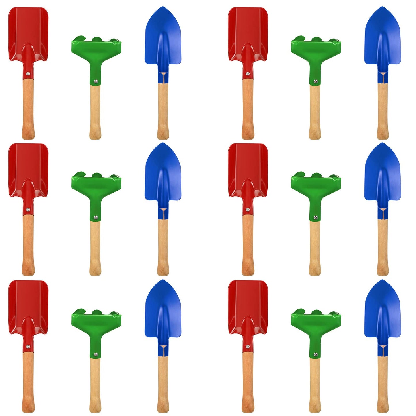 Tarpop 18 Pcs Kids Gardening Tools Set, Metal Kids Yard Tools with Sturdy Wooden Handle Safe Children Beach Sandbox Toy Sand Play Kit for Flower Soil Planting Loosening Digging, Trowel, Rake, Shovel