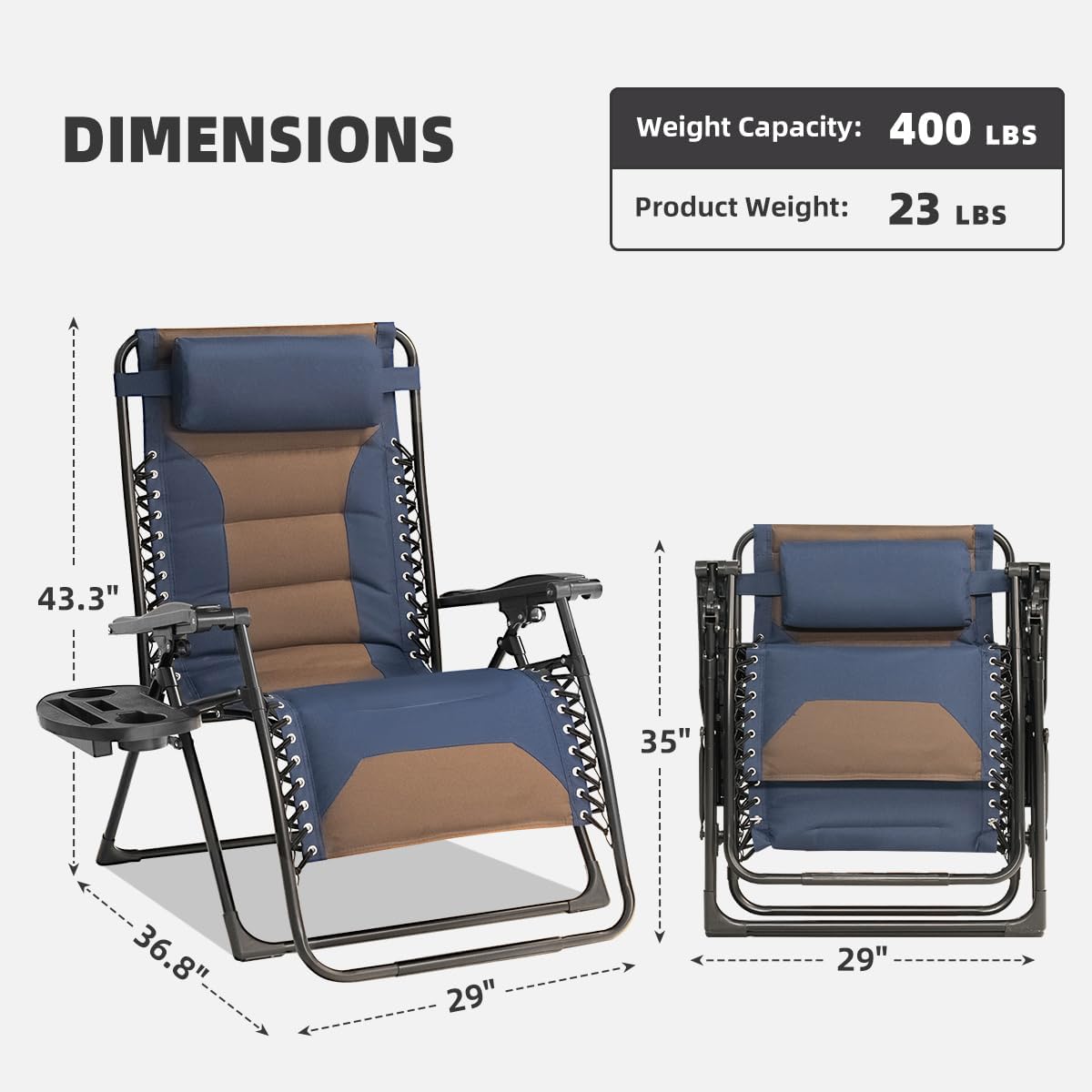 Foristrail Zero Gravity Chair Oversized Padded Recliner with Adjustable Headrest & Cup Holder - 600D Oxford Folding Lounge Chair for Outdoor Camping, Patio, Poolside (Brown & Blue)