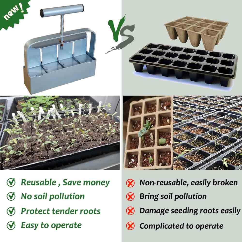 Handheld Soil Blocker Tool Kit - 4 Cell Heavy Duty 2 Inch Seed Starter Soil Block Maker for Seedlings, Cuttings, Greenhouses and Gardens (Ergonomic Design, Durable Metal Construction)