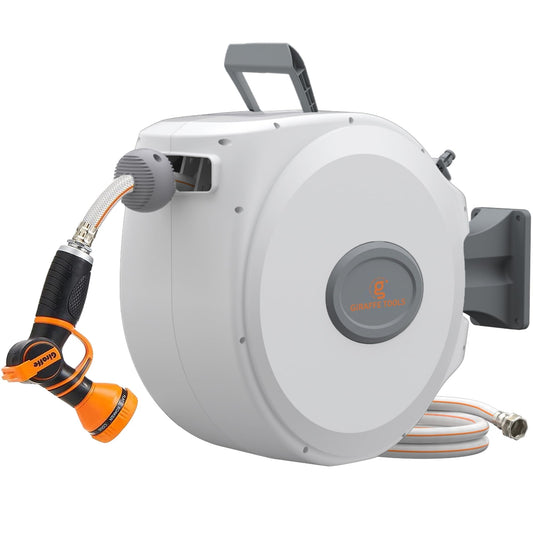 Giraffe Tools CW20 Retractable Garden Hose Reel 5/8" x 60 ft Heavy Duty Water Hose Reel, Swivel Bracket, Any Length Lock, Light Grey