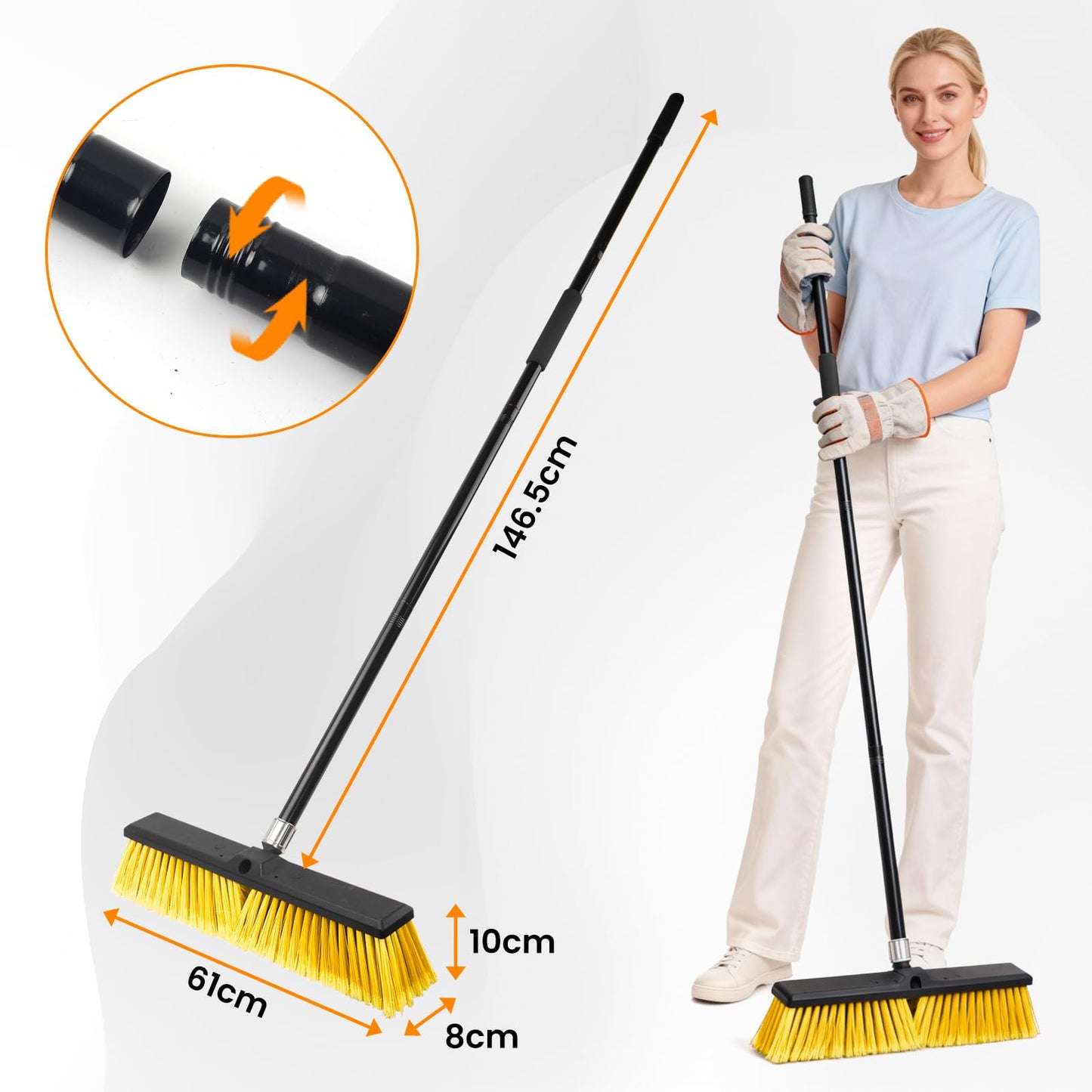 TOMAIX 24 Inches Push Broom Outdoor，Commercial Broom Brush，Stiff Bristle Brush with 61.8 inches Long Handle for Patio Garage Deck Street Shop Warehouse Lawn Driveway -2 Pack
