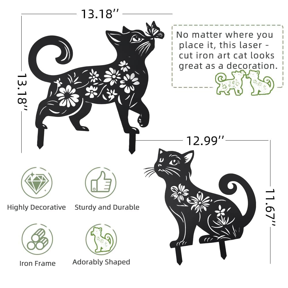 Rioneta Metal Cat Garden Decor for Outside (2 Pack), 14 Inch Yard Art Stakes,Unique Cat Gifts for Kitty Lovers, Outdoor Lawn Statues and Weather Resistant Yard Art