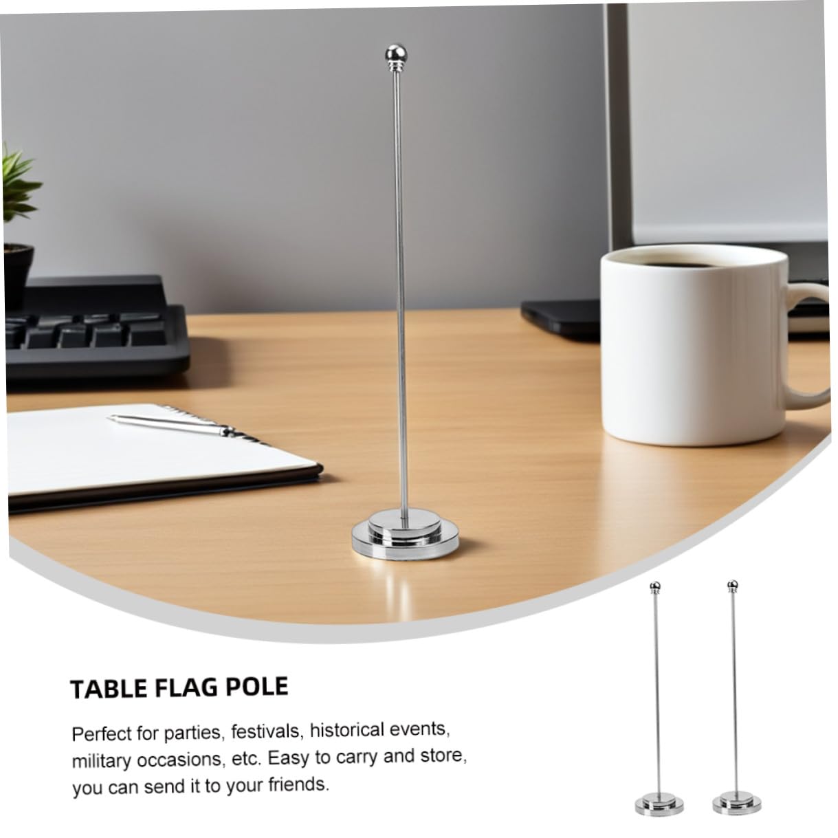 VANZACK 2Pcs Silver Desk Flag Holder Table Banner Stand Stainless Steel Pole with Plastic Base for Office Prom Party Signs 12.99In