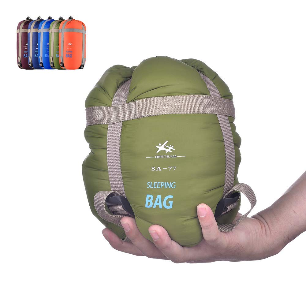 WERTYCITY Warm Weather Sleeping Bag - Portable Waterproof Compact Lightweight, Packable with Compression Sack for Kids Teens Adults Camping Backpacking Hiking, Spring Summer Fall(Army Green)
