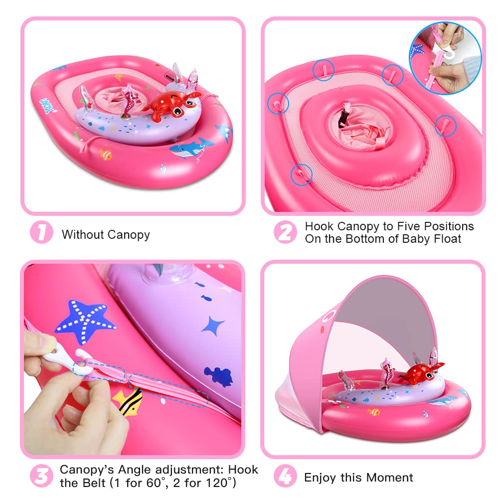 LAYCOL Baby Pool Float with Canopy UPF50+, 120°Adjustable Sun Protection and Anti-Tip Safety Seat, Inflatable Toddler Floaties Infant Pool Float with Animal Pool Toys, Baby Beach Essentials for 6-36M
